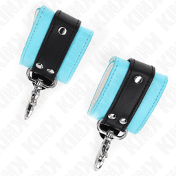 Verpackung der Kink Handgelenkfesseln in Schwarz/Blau, Handgelenkfesseln der Kink BDSM-Serie im Karton