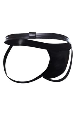 Cut4Men Wetlook-Jockstrap in Schwarz, Detailaufnahme des glatt beschichteten Materials