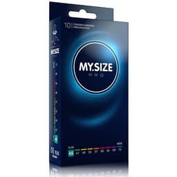 My Size Pro Kondome, Rückseite der Packung mit Maßangaben und CE-Kennzeichnung