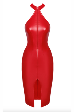 Noir Handmade Wetlook-Midikleid in Rot, Detailaufnahme des vorderen Reißverschlusses