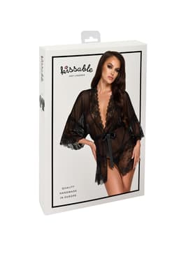 Kissable Kimono in Schwarz, Gesamtansicht seitlich im natürlichen Licht