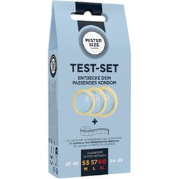 Mister Size Testset, Rückseite der Packung mit Größenangaben und Anleitung