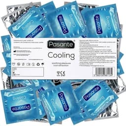 Verpackung der Pasante Cooling Sensation Kondome mit Angaben zu Länge und Nennbreite