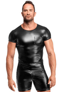 Noir Handmade T-Shirt, Nahaufnahme des glänzenden Powerwetlook-Materials