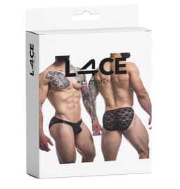 Cut4Men Bikini-Slip aus Spitze mit Bulge-Effekt in Schwarz, flach liegend fotografiert