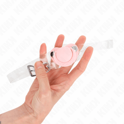 Kink Knebel in Schnullerform in Rosa, Riemen und Schnalle am Hinterkopf im Detail