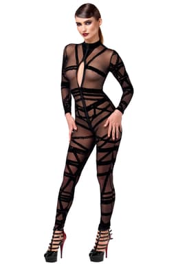 Noir Handmade F357 Bondesque Catsuit in Schwarz, seitliche Ansicht am Körper getragen