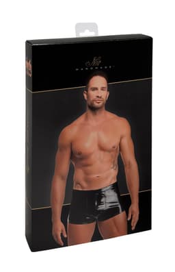 Noir Handmade Voltage Lack-Shorts am Körper getragen, seitliche Ansicht