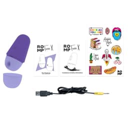 ROMP Free X Klitoris-Druckwellenvibrator in Lila, Rückansicht mit Ladeanschluss und Markenschriftzug