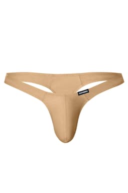 Cut4Men Brazilian-Thong aus Mikrofaser in Sandgold, Detailansicht des gummierten Logos