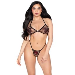 Leg Avenue Netz-Set in Schwarz aus BH-Top und String mit Strassherzen, Gesamtansicht