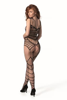 Passion BS 102 Bodystocking aus Netz und Spitze, Rückansicht am Model in voller Länge