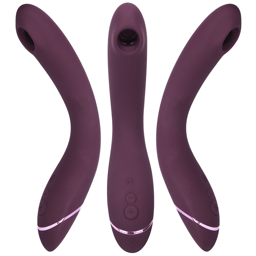 Womanizer OG in Aubergine von der Seite, Pleasure-Air-Kopf und Bedientasten im Detail