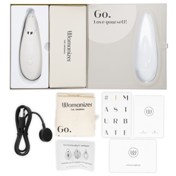 Verpackung des Womanizer Premium 2 Klitorisstimulator in Warmgrau