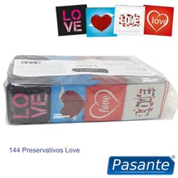 Verpackung der Pasante Love Kondome mit Angaben zu Länge, Nennbreite und Material