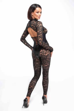 Noir Handmade Catsuit, Detailansicht des Wetlook-Unterbrustmieders