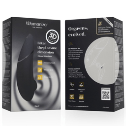 Womanizer Next Klitorisstimulator mit 3D Pleasure Air in Schwarz, Verpackung mit Produktabbildung und Markenlogo