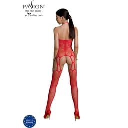 Passion Eco BS002 Bodystocking aus recyceltem Nylon in Rot von hinten, Rückenpartie im Detail