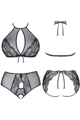 Demoniq Mathilde Dessous-Set in schwarz-gold, am Model getragen, Frontansicht