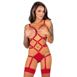 Livco Corsetti Thiara Straps-Body mit Netzstrümpfen in Rot, Gesamtansicht von vorne