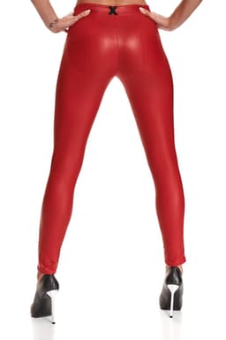 Demoniq Black Rose Lidia – rote Leggings im Wetlook, Rückansicht mit Verschluss im Detail