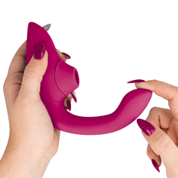 Womanizer Blend Rabbit-Vibrator mit Pleasure Air, Draufsicht auf Stimulationskopf und vibrierenden Arm