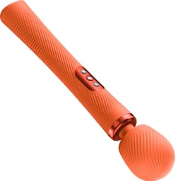 Fun Factory VIM Wand-Vibrator in Orange, Massagekopf schräg von oben mit sichtbarer Silikonoberfläche