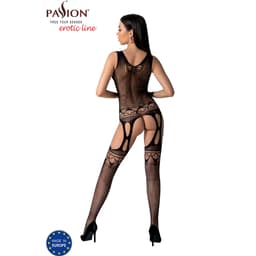 Passion BS099 Bodystocking mit Netzdessin und Spitze, seitliche Ansicht am Model mit Sitz des Gewebes