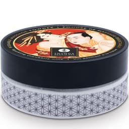 Shunga Massagepulver-Set Erdbeere, Nahaufnahme des Pulvers und der Federbürste