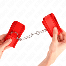 Verpackung der Kink Handgelenkfesseln in Rot, Handgelenkfesseln der Kink BDSM-Serie im Karton