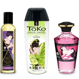 Shunga Fruity Kisses Kit, Detailansicht der Massageöl-Flasche