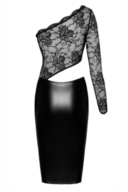 Noir Handmade Kleid aus Wetlook und Spitze in Schwarz, Detailaufnahme des Oberteils aus Spitze