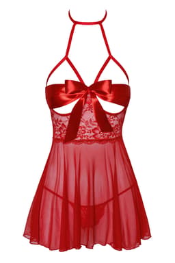 Kissable Negligee in Rot, Detailaufnahme der öffenbaren Satinschleife am Dekolleté