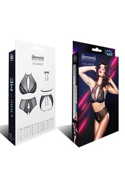Demoniq Yolande Dessous-Set in schwarz, Detailansicht der Träger und Nähte