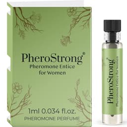 PheroStrong Entice Parfumflakon in der Hand gehalten, Größenvergleich des Flakons