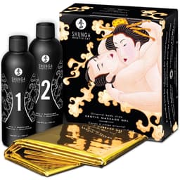 Shunga Erotisches Massagegel Melone & Mango, Verpackung mit goldenem Betttuch, Gesamtansicht