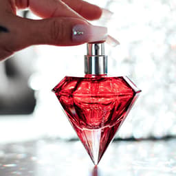 Eye of Love Matchmaker Red Diamond Parfumflakon in der Hand im Größenvergleich gezeigt