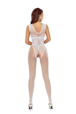 Passion Bodystocking in Weiß von hinten, tiefer Rückenausschnitt und Netzbeine im Detail