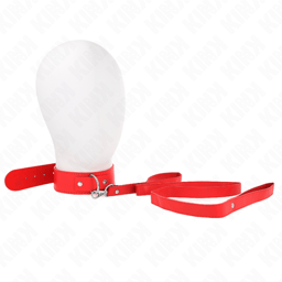 KINK Halsband mit roter Leine, Gesamtansicht des Halsbands, präsentiert in natürlichem Licht