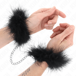 Kink Mini-Federhandschellen, Gesamtansicht des Handfesseln-Paars mit Federbesatz