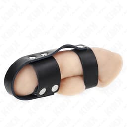 Kink Lederkäfig geöffnet ausgelegt, alle Riemen und Verschlüsse sichtbar