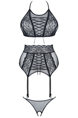 Demoniq Vanda Dessous-Set in schwarz, am Model getragen, Frontansicht