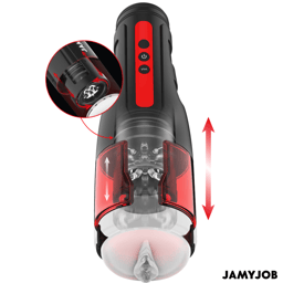 Jamyjob automatischer Masturbator Cyclone Schwarz, Seitenansicht mit Detail der Oberflächenstruktur