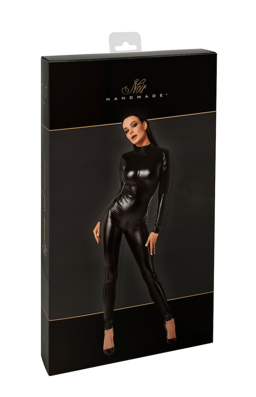 Noir Handmade Wetlook-Overall in Schwarz, Nahaufnahme der Material- und Nahtverarbeitung