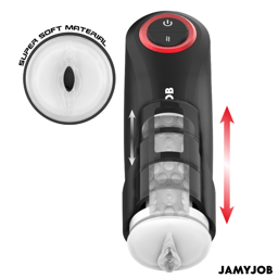 Jamyjob automatischer Masturbator Gravity Schwarz, Seitenansicht mit Detail der Oberflächenstruktur