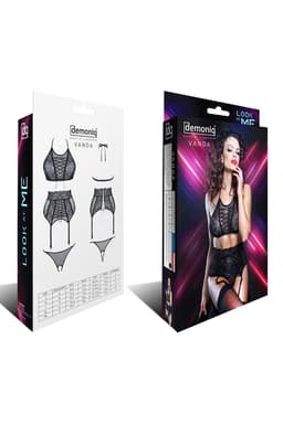 Demoniq Vanda Dessous-Set in schwarz, Detailansicht der Träger und Nähte