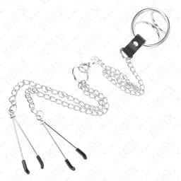 Kink Penisring-Set mit 26 cm langer Metallkette flach ausgelegt zum Größenvergleich