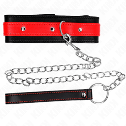 Kink Halsband mit rotem Riemen und Leine von der Seite, Metallbeschläge in Nahaufnahme