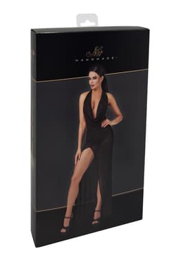 Noir Handmade F373 Onyx Liquid Kleid in Schwarz, seitliche Ansicht am Körper getragen