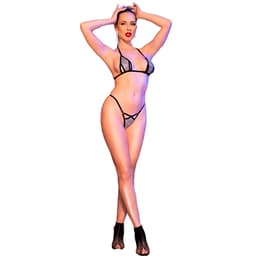 Chilirose Mini-Bikini in Schwarz-Silber mit Kristallen, Oberteil und Slip des Sets flach ausgelegt